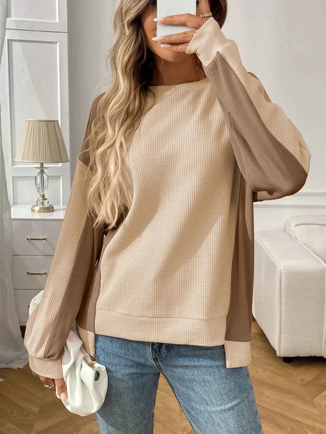 Color Block Long Sleeve Sweatshirt Apricot 6635401a21c445aeb09e14ee9175f81d-Max-Origin