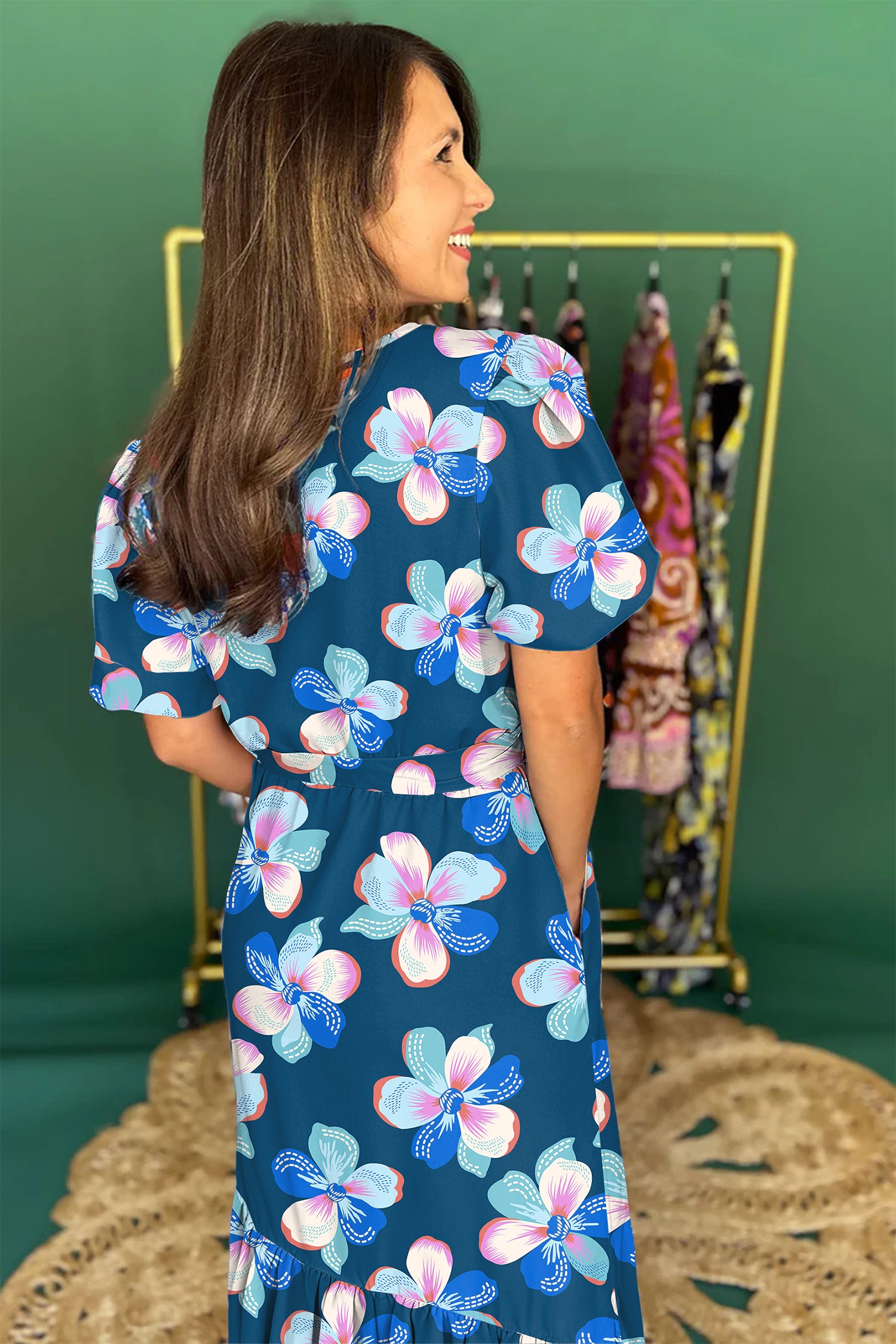 Blue Floral Print Short Puff Sleeve Ruffle Hem Belted Long Dress 663ad70df774fcc1