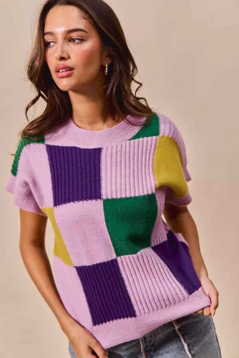 SO ME Mardi Gras Check Plaid Casual Sweater Top 663c90d6bddf472f8d5bb0330136e9d8-Max-Origin
