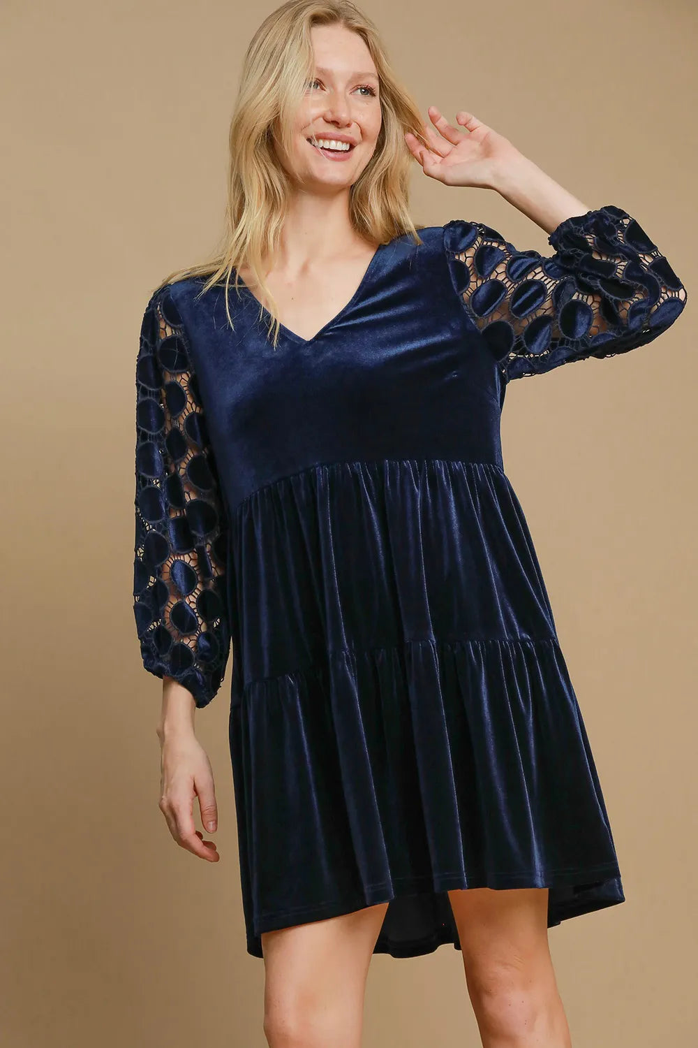 Umgee Dotted Lace Sleeve Tiered Velvet Mini Dress Navy 663dad17-b9f9-415b-ad8b-b0b3aa4a5aa7-Max