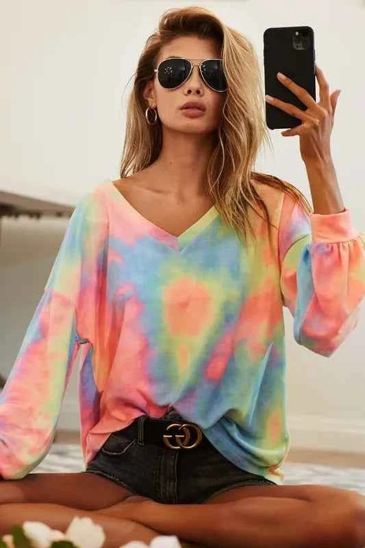 BiBi Tie Dye French Terry V Neck Top 664088ab9e504783b17969f19496c204-Max-Origin