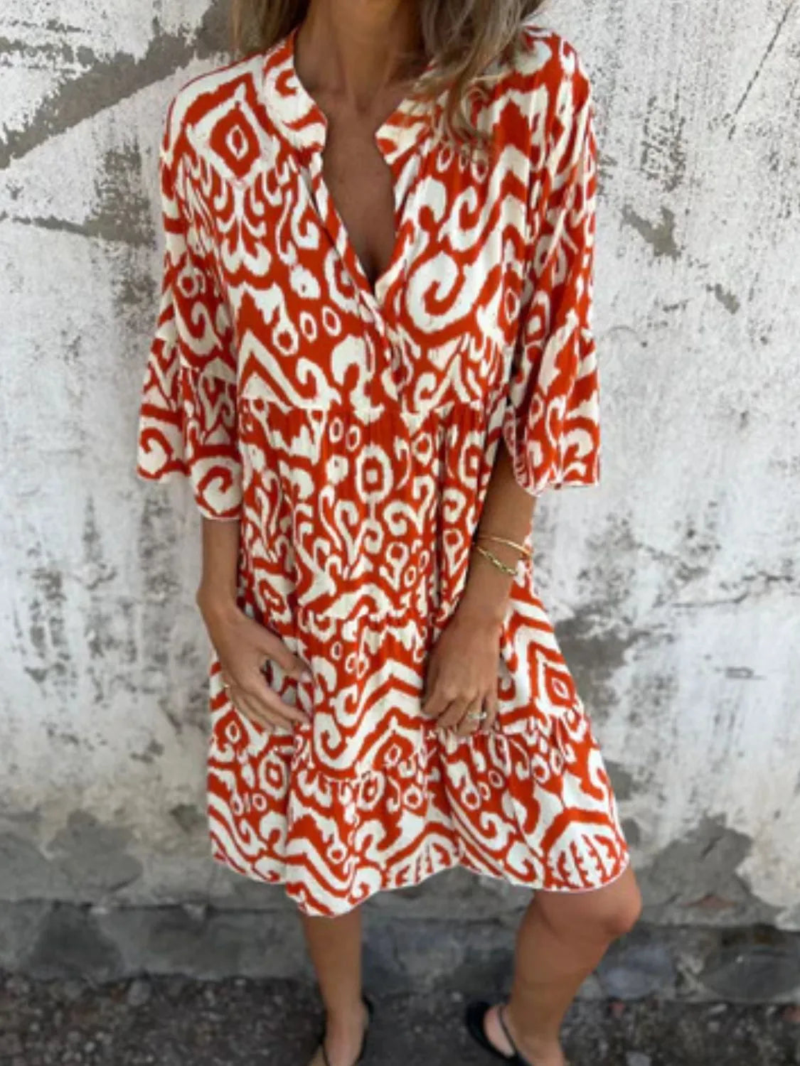 Full Size Printed Notched Half Sleeve Dress Plus Size Orange-Red 6641284f-33c5-4ec6-bcfe-c6ad260a4615-Max-Origin