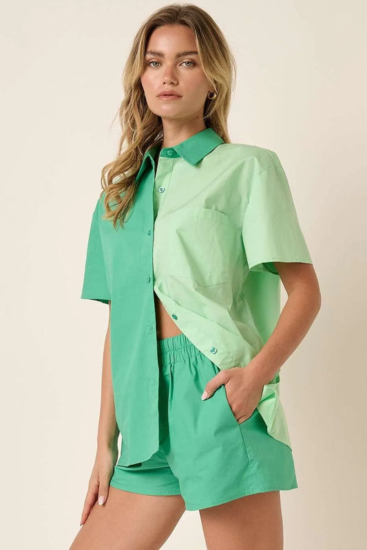 Color Block Short Sleeve Shirt and Shorts Set GREEN MINT 664348bacbdd4f06b6fea7fc091a2258-Max-Origin