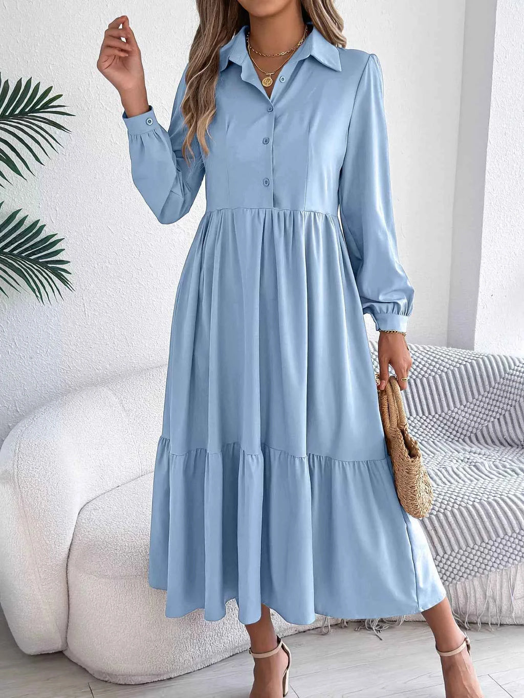 Long Sleeve Tiered Button Front Midi Dress 6649b79718074edd8360a18a8415af1d-Max-Origin