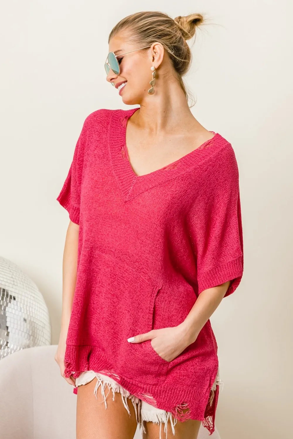 BiBi Distressed Hem V-Neck Slit Sweater 664b229b-c7f9-427b-9b2a-4321b8ae2c2b-Max