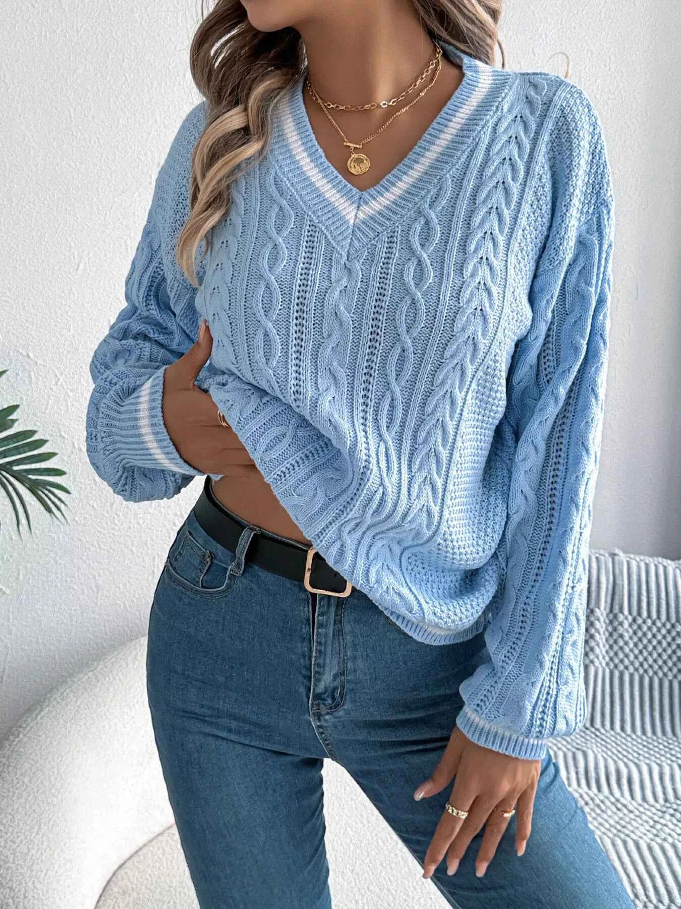 Cable Knit V-Neck Long Sleeve Sweater Blue 664da97b3b614f22a34326c0a10d6831-Max-Origin