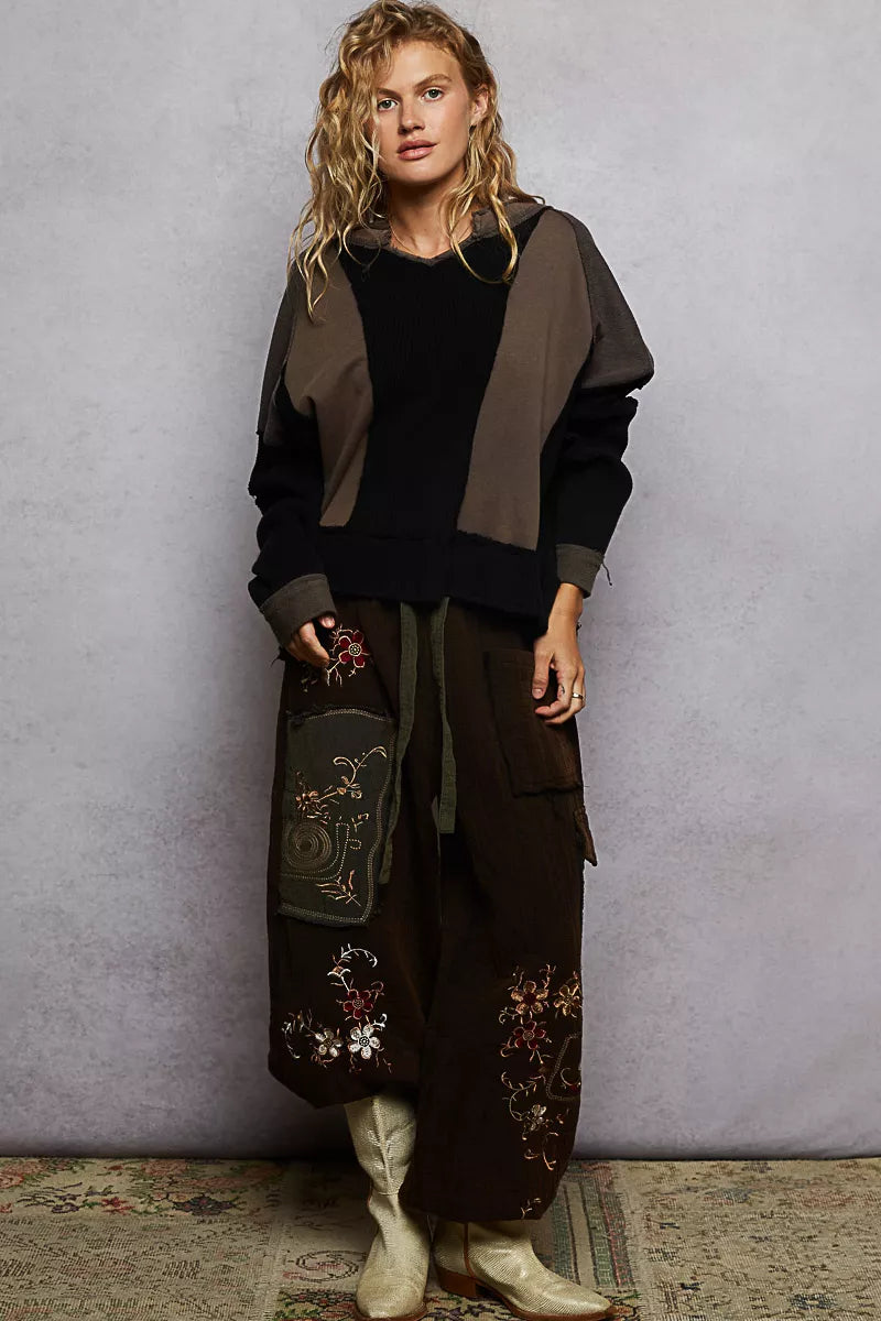 POL Color Block Waffle Knit Raw Hem Sweatshirt 664eed09-6179-4f7a-aedb-cf42725907a3-Max-Origin