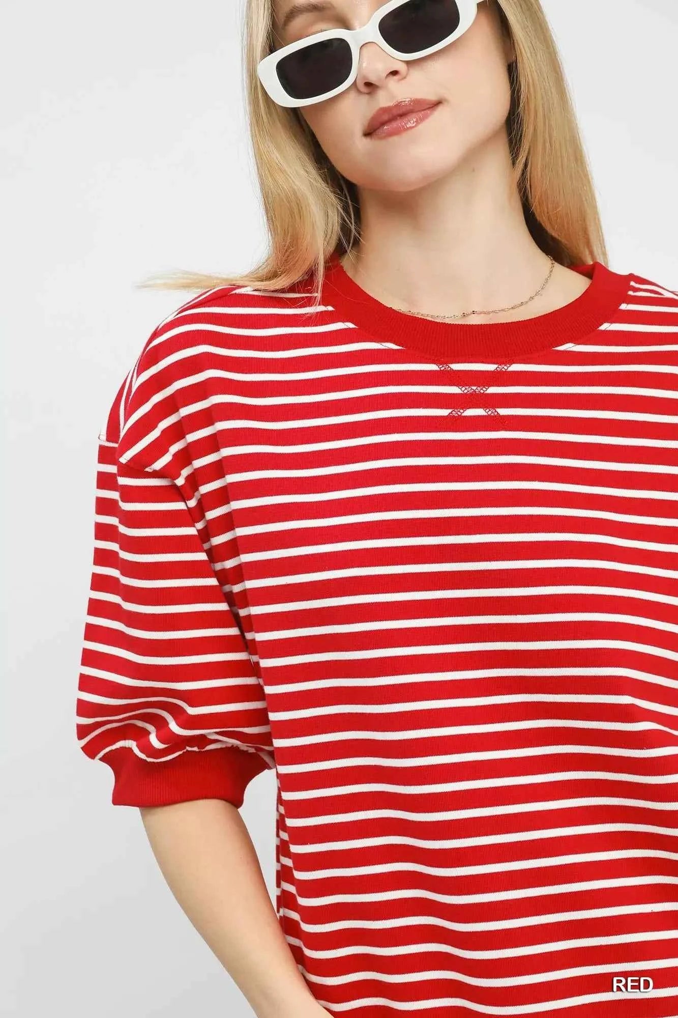 Umgee Striped Short Sleeve Pullover Top 6656df64-00b0-48b9-9029-a020a6501344-Max-Origin