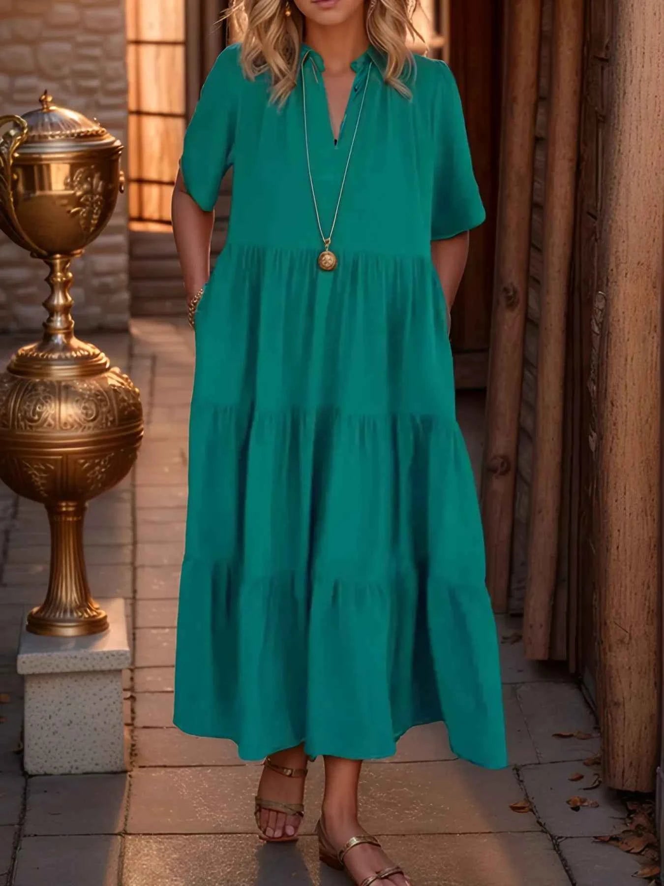Short Sleeve Tiered Midi Shirt Dress 665a2608-ed45-4fe3-958b-5a0569522001-Max-Origin