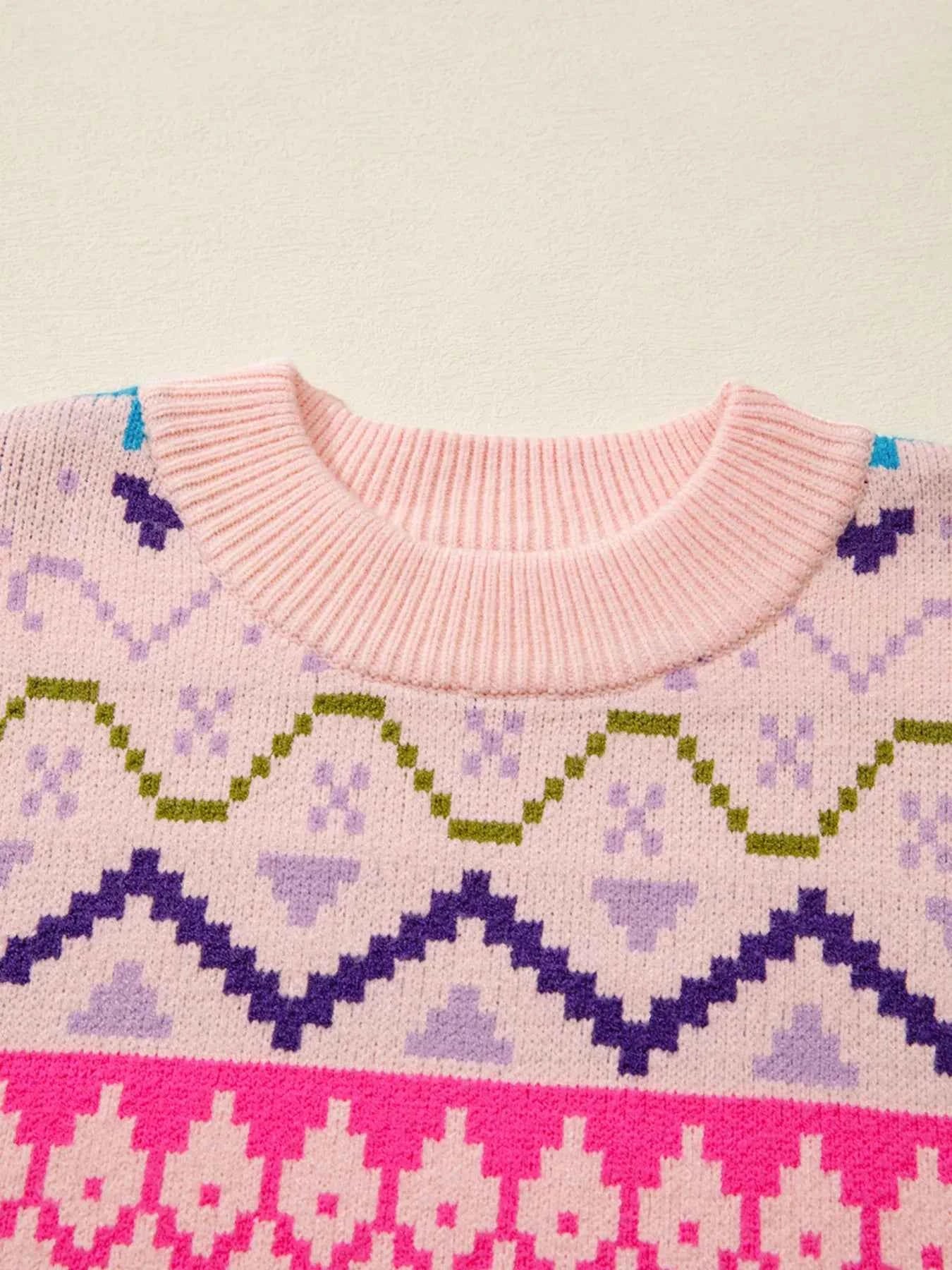Multicolour Ethnic Christmas Pattern Knit Feather Cuffed Sweater 665ae8a69727414b9778a0ae6c958415-Max-Origin