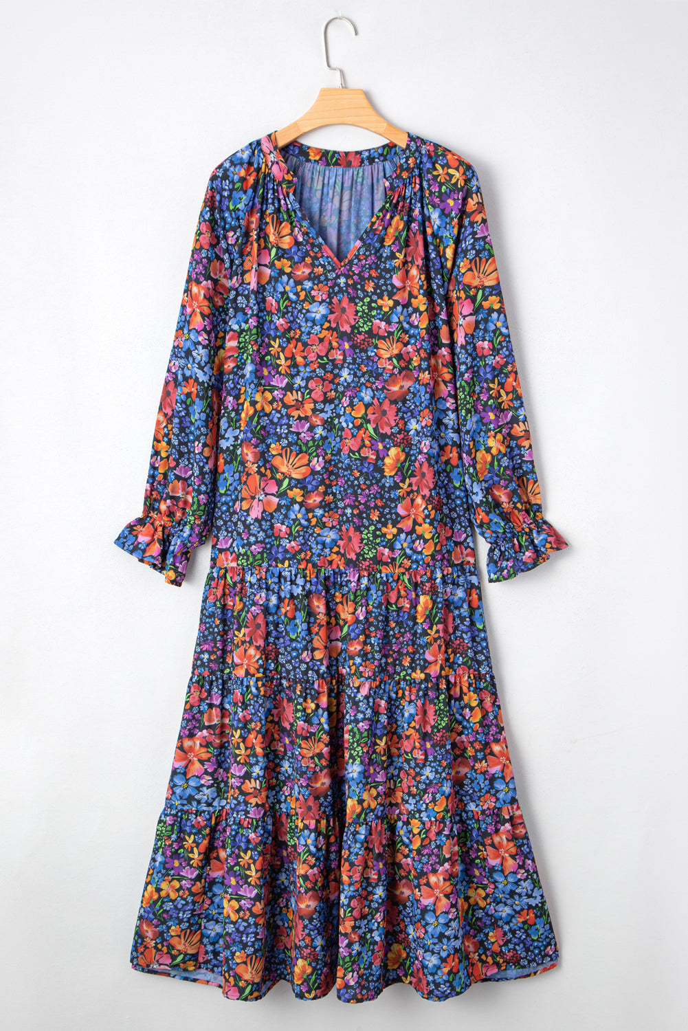 Blue Floral Print V Neck Long Sleeve Flowy Maxi Dress 665b5bb58645e559
