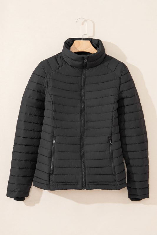Black Solid Color Quilted Zip-up Puffer Jacket 665b82428a4e7a09