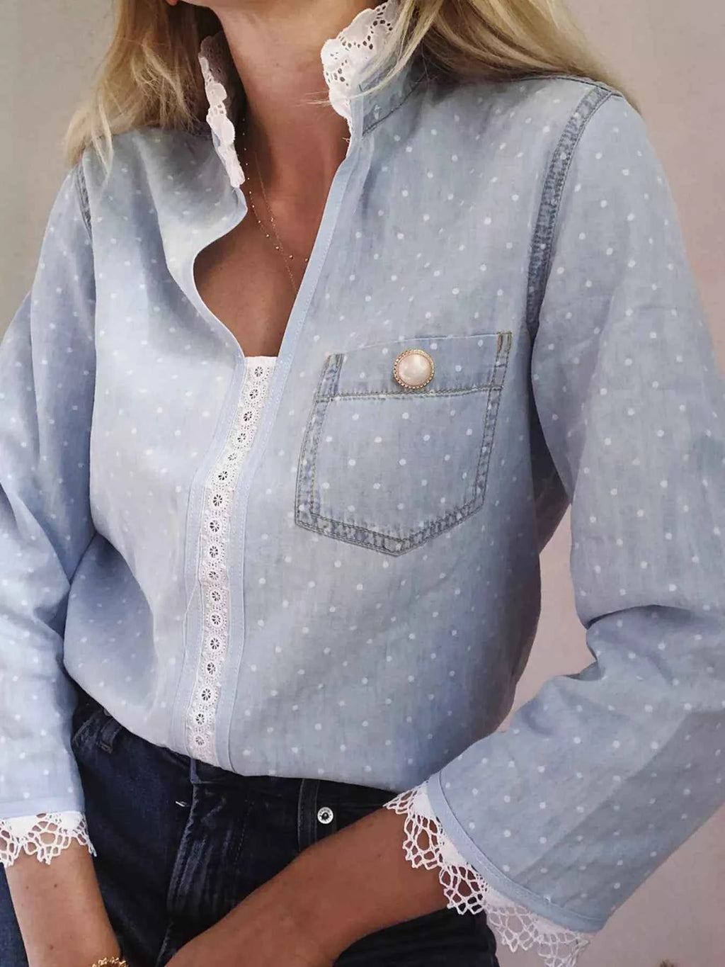 Lace Trim Patchwork Dotted Print Collared Blouse Light Blue 665f0d01d0e441edacc3369e7e2d3161-Max-Origin