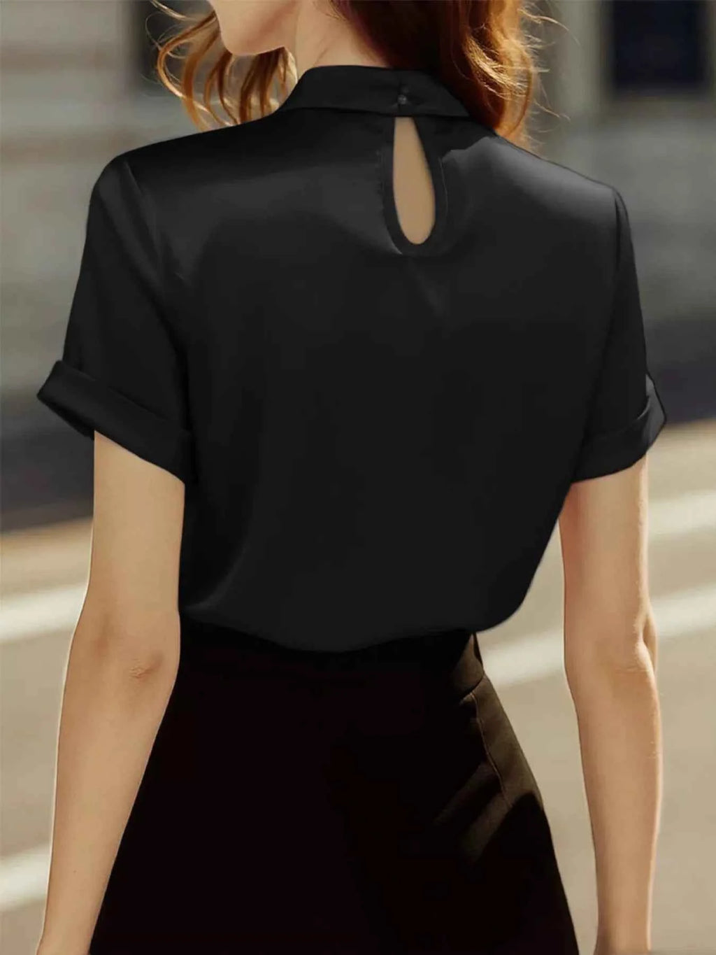 Keyhole Neck Satin Short Sleeve Blouse 6661c29efa1a4c618a152e46db2eda30-Max-Origin