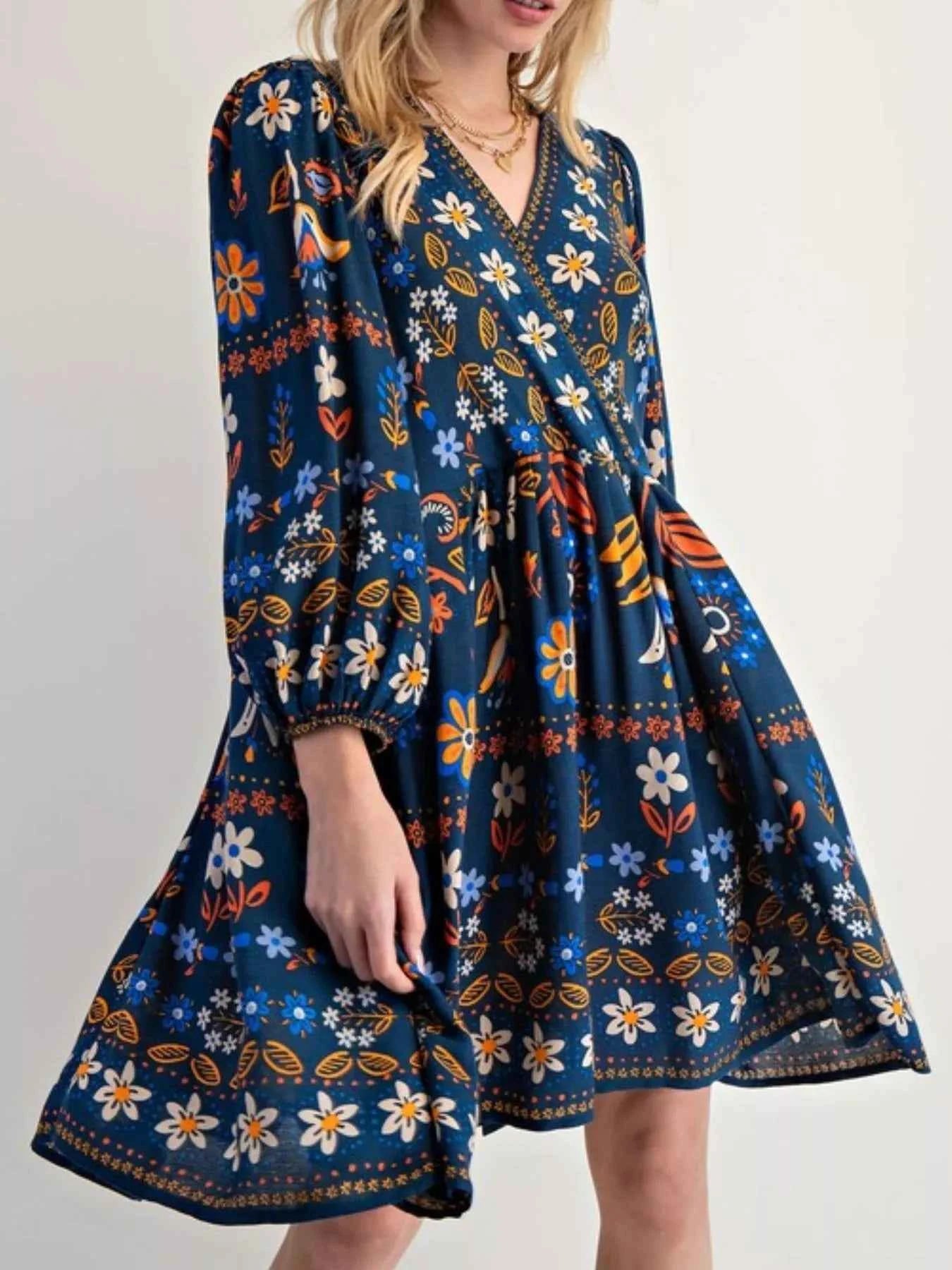 Bohemian Floral Print Long Sleeve Mini Dress Dark Blue 6662c2d9-fb12-4dd3-bda7-99a315a50d02-Max-Origin