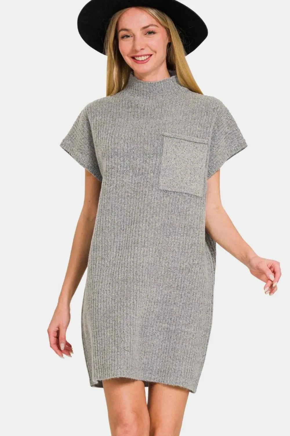 Zenana Short Sleeve Sweater Mini Dress Grey 666e1c28-9223-4121-9d3c-0563b72aa657-Max