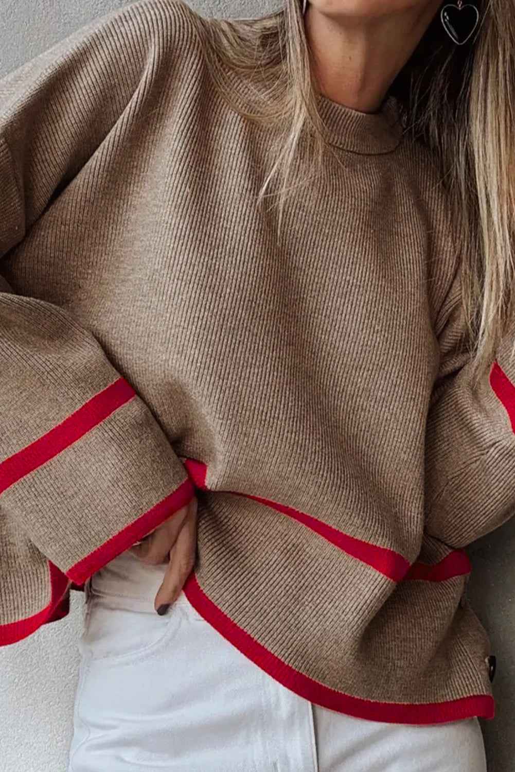 Beige Ribbed Knit Contrasted Stripe Detail Button Side Loose Sweater 6675ef567fff5f65