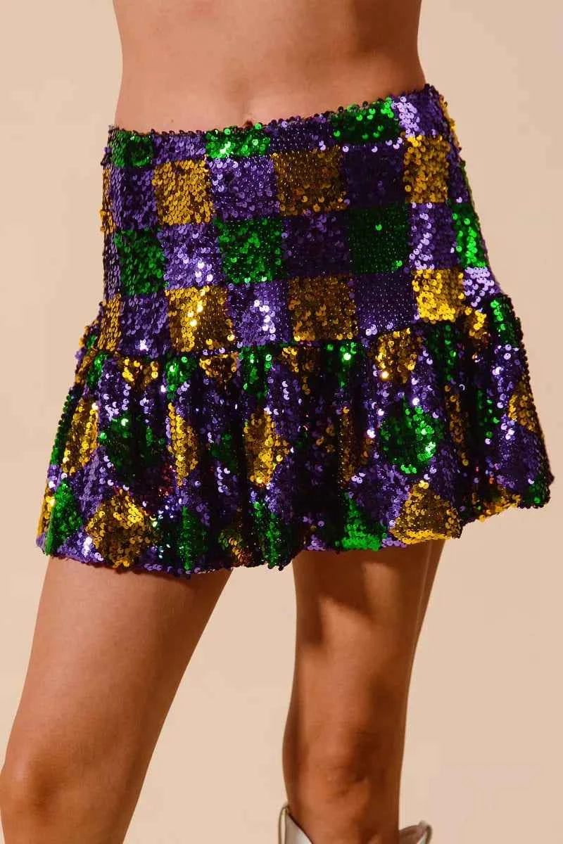 SO ME Mardi Gras Checker Sequins Mini Skirt 6679ba307f2047e1a12fc3025677b8e4-Max-Origin