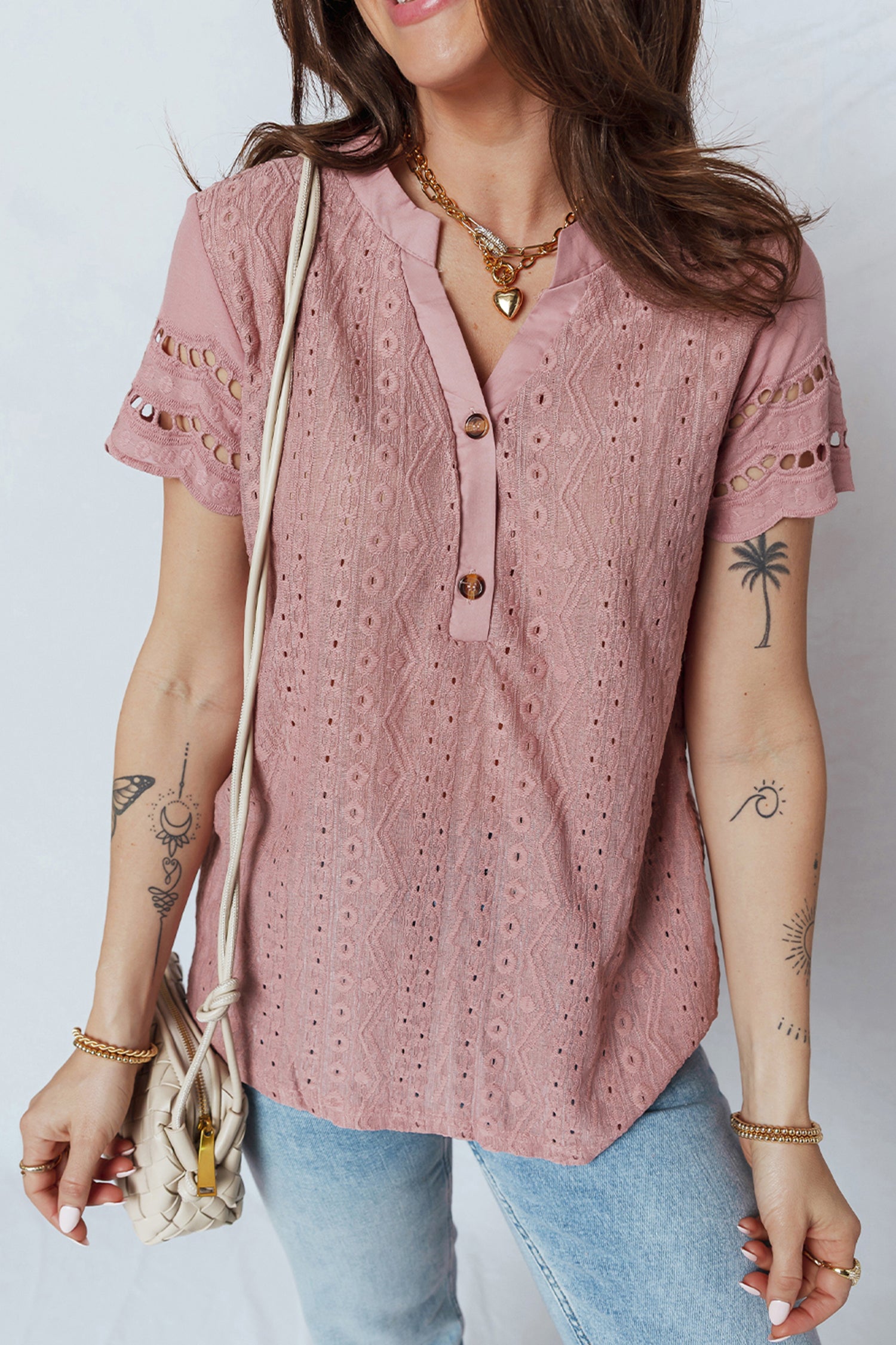 Fushia Textured Embroidered Half Buttons Short Sleeve Blouse 667c3f52bc78aba6