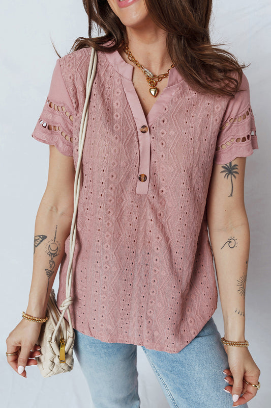 Fushia Textured Embroidered Half Buttons Short Sleeve Blouse 667c3f52bc78aba6