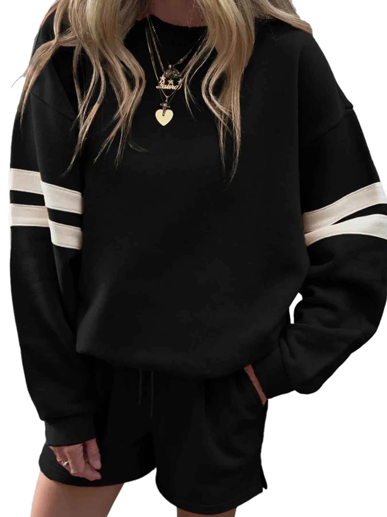 Stripe Round Neck Sweatshirt and Shorts Set 667dec6219074e198726c8bef84f5f99-Max-Origin