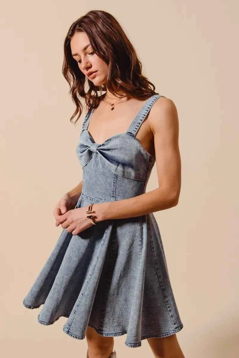 Mineral Washed Bow Ribbon Denim Flare Dress 6681397440b2466888e46cd61ba599a1-Max-Origin