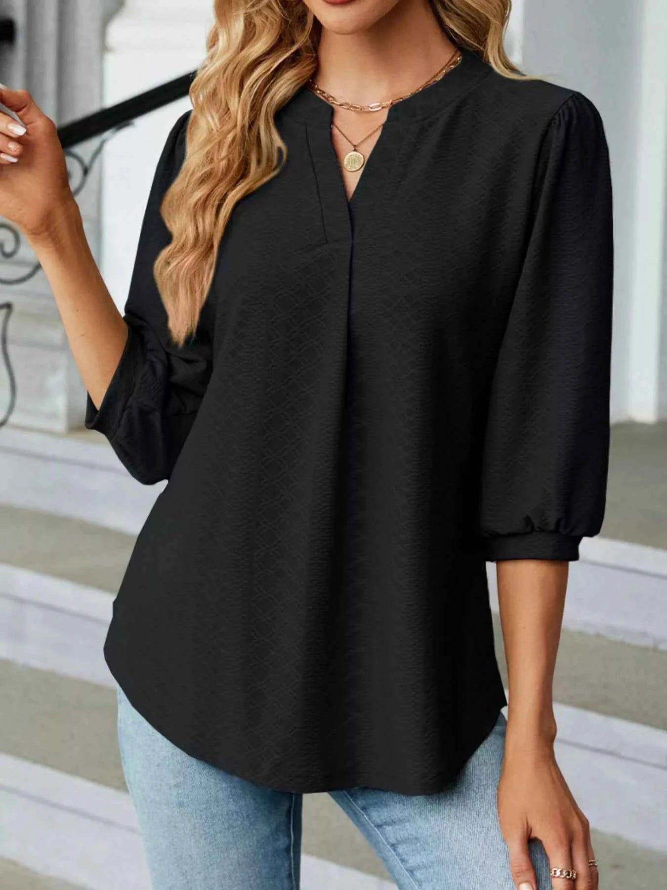 Notched 3/4 Sleeve Casual Top Black 6682ffd1-7df3-4e1d-a2f5-5e90364bba8f-Max-Origin