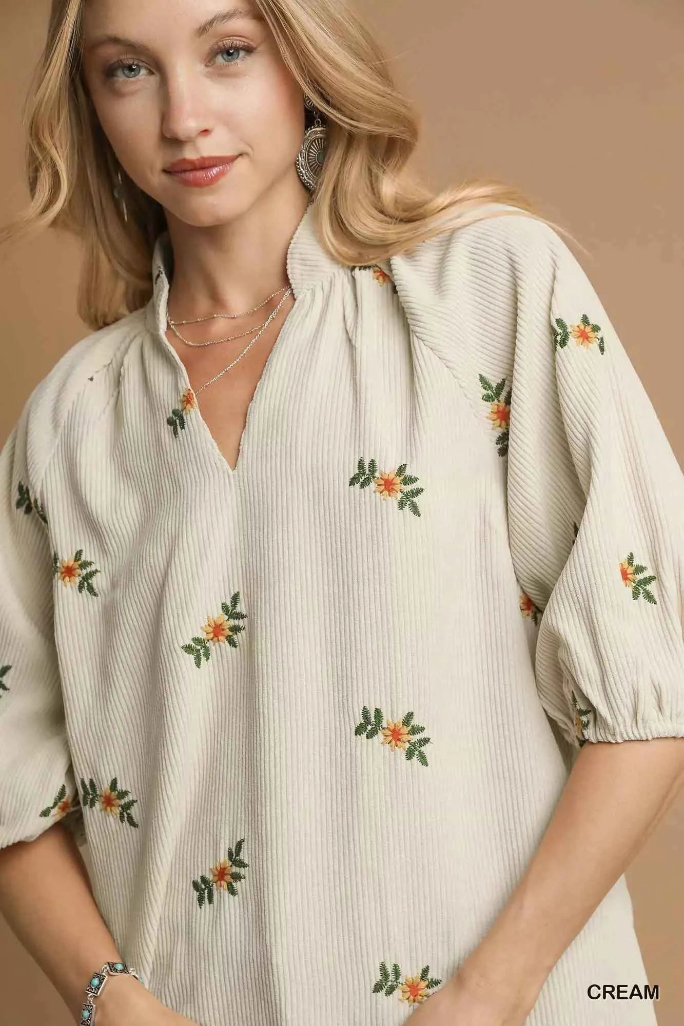Umgee Corduroy Floral Embroidered Puff Sleeve Blouse 6686d0f8-10d4-41f3-97a8-860b736e6b4e-Max-Origin