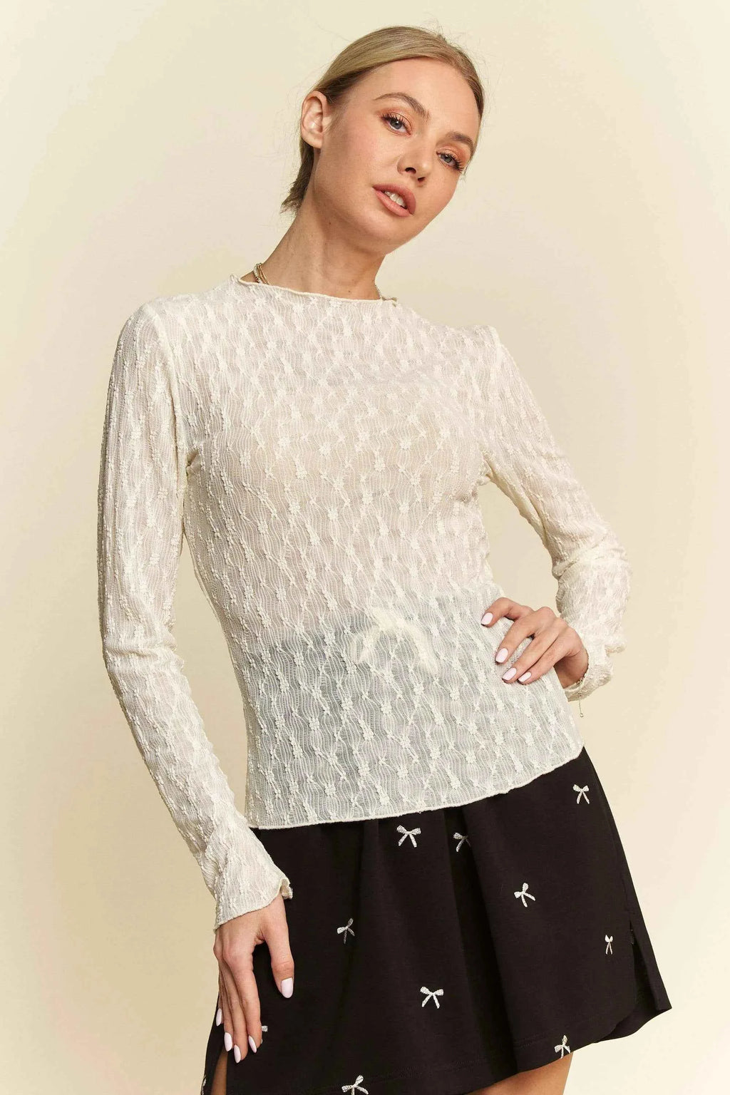 Davi & Dani Long Sleeve Sheer Small Embroidered Bows Lace Top 6689eb35afa54e6e8a1db55e5819b6fa-Max-Origin
