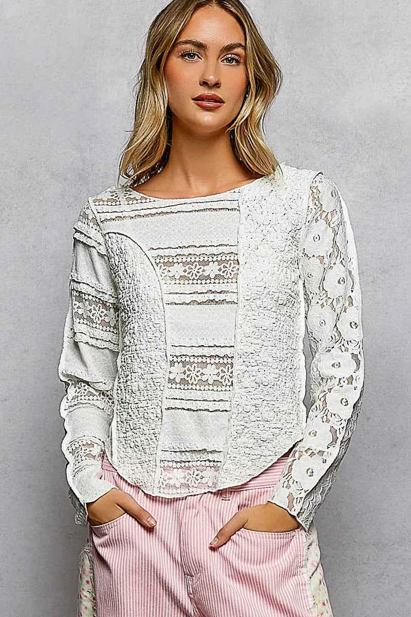 POL Round Neck Long Sleeve Exposed Seam Top with Lace Detail OFF WHITE 66917f50-8197-49ae-b5bf-f2e6cf849d6f-Max-Origin