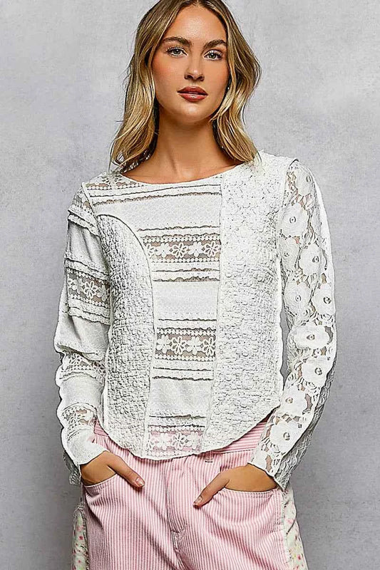 POL Round Neck Long Sleeve Exposed Seam Top with Lace Detail OFF WHITE 66917f50-8197-49ae-b5bf-f2e6cf849d6f-Max-Origin