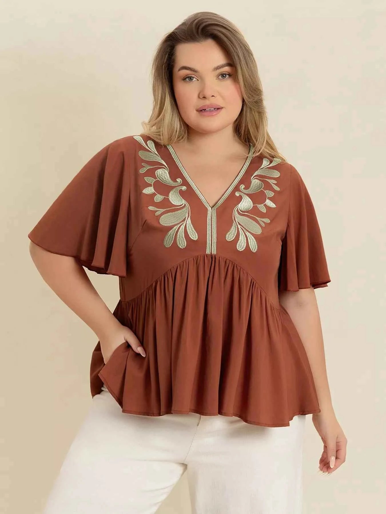 Plus Size Embroidered V-Neck Flutter Sleeve Blouse 669322ac-0200-49b2-aecd-fd0e01964831-Max-Origin