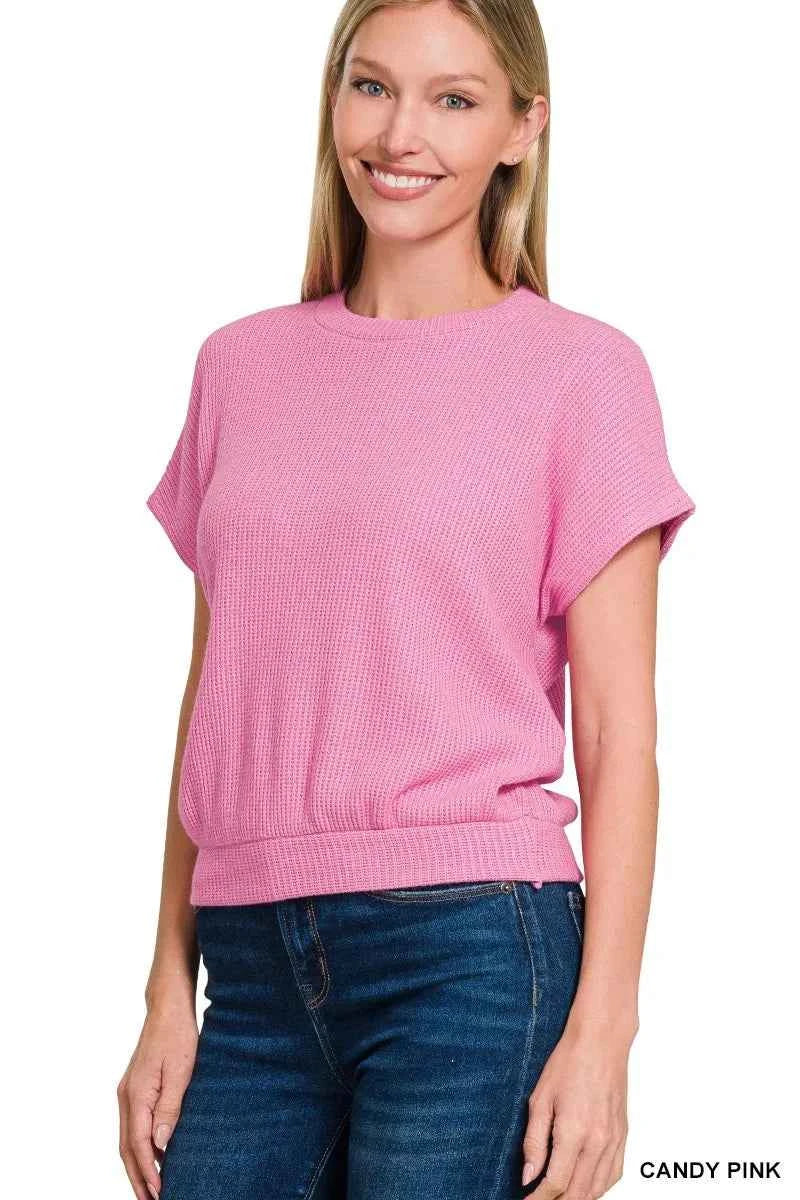 Zenana Round Neck Banded Botton Short Sleeve Sweater CANDY PINK 669b173b0a2740a0af784b64e0271f03-Max-Origin