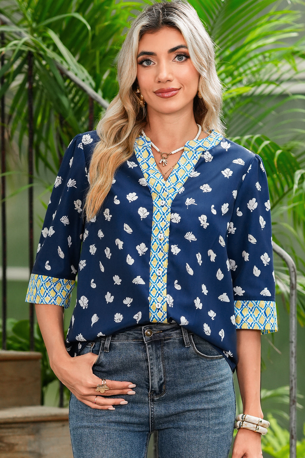 Blue Floral Print Pop of Color V Neck Patchwork Blouse 66a0c9ba3808efbe