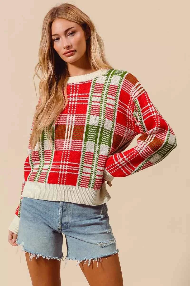 SO ME Christmas Color Checkered Plaid Crew Neck Sweater 66a37ae319514b33b287ee04a7a63d2a-Max-Origin