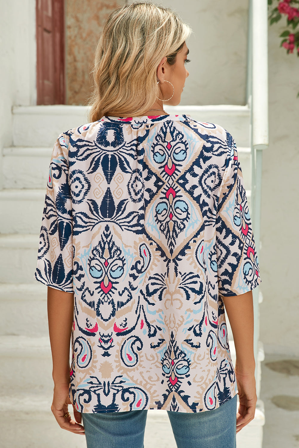 White Abstract Print V-Neck Half Tulip Sleeve Blouse 66aa966775a6ecef