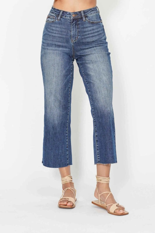 Judy Blue High Waist Back Pocket Embroidery Crop Wide Jeans Dark 66aac943-3031-47ef-bb74-506e31295842-Max-Origin