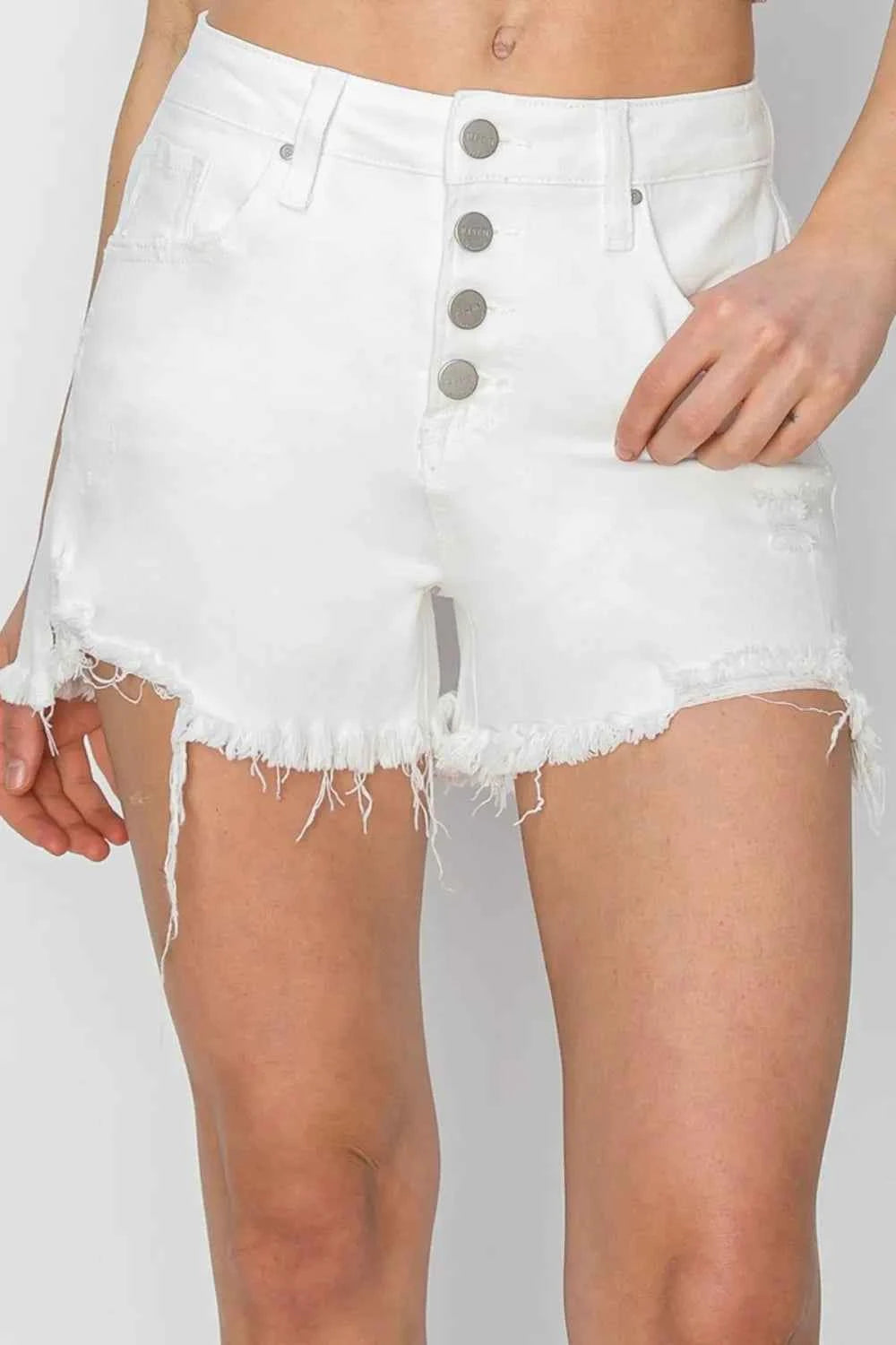 RISEN Button Fly Frayed Hem Denim Shorts White 66b0acf1-d9f3-4d96-97d0-621c264689b8-Max