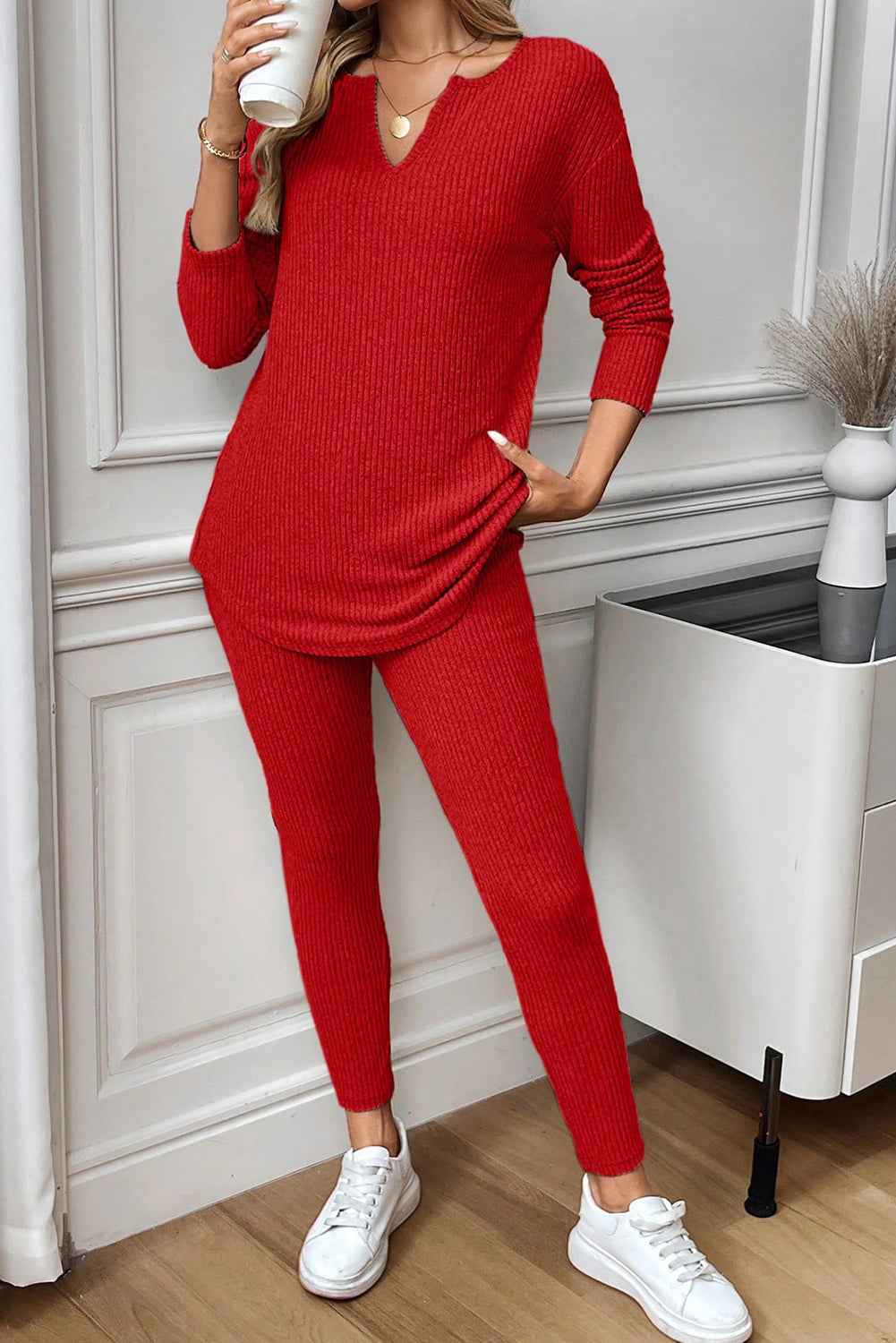 Racing Red Ribbed Notched Neck Knit Long Sleeve Leggings Two Pieces Lounge Set 66b44aa620c9ce4c
