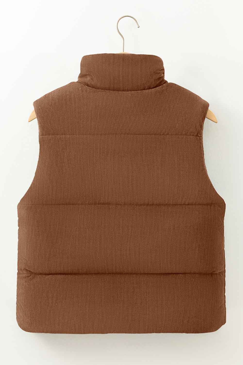 Coffee Solid Color Corduroy Puffer Vest Coat 66b98ed813360356