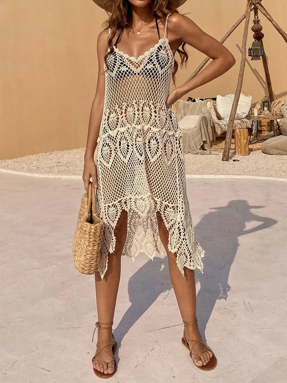 Openwork Scoop Neck Spaghetti Strap Cover-Up Dress Beige One Size 66b9af40-d675-40fb-ba16-dab6d846db56-Max