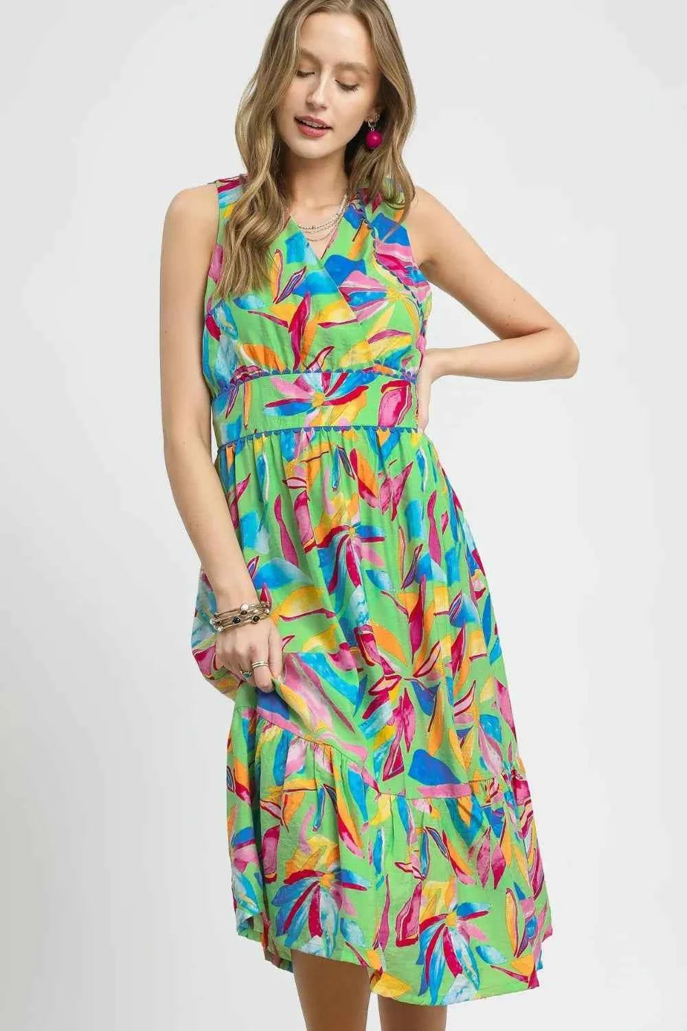 Umgee Ruffled Hem Printed Sleeveless Midi Dress Green 66be2ba2-de03-43ae-a2f1-465269824a37-Max-Origin