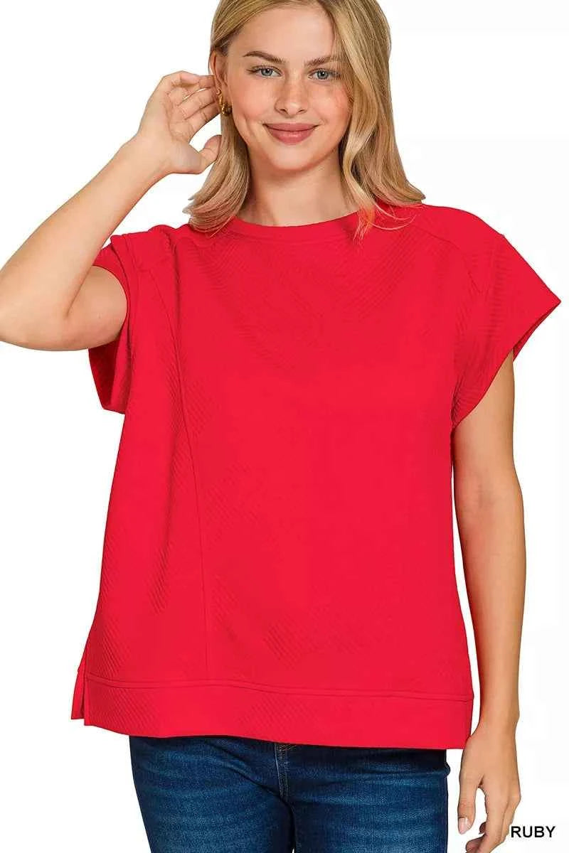 Zenana Textured Knit Jacquard Short Sleeve Top RUBY 66bf52c9f8e34e36a1d7554a4bc338bc-Max-Origin