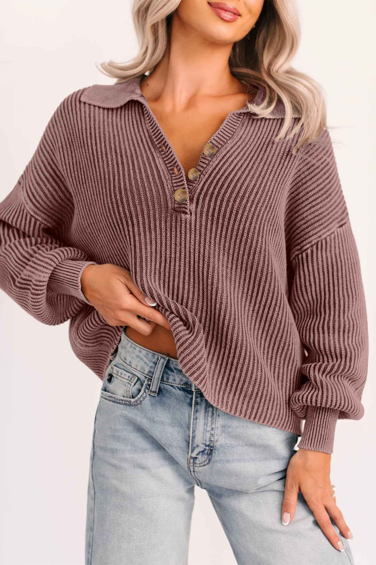 Dark Brown Mineral Washed Knit Button Polo Collar Loose Sweater Dark Brown 100%Cotton 66bf6c853e828360