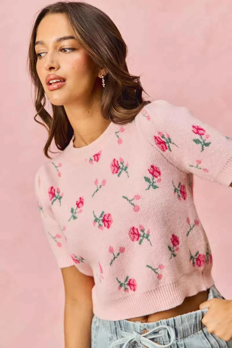 SO ME Floral Pattern Knit Puff Sleeves Sweater Top 66c180719c164caea419a2f253bcd5d3-Max-Origin