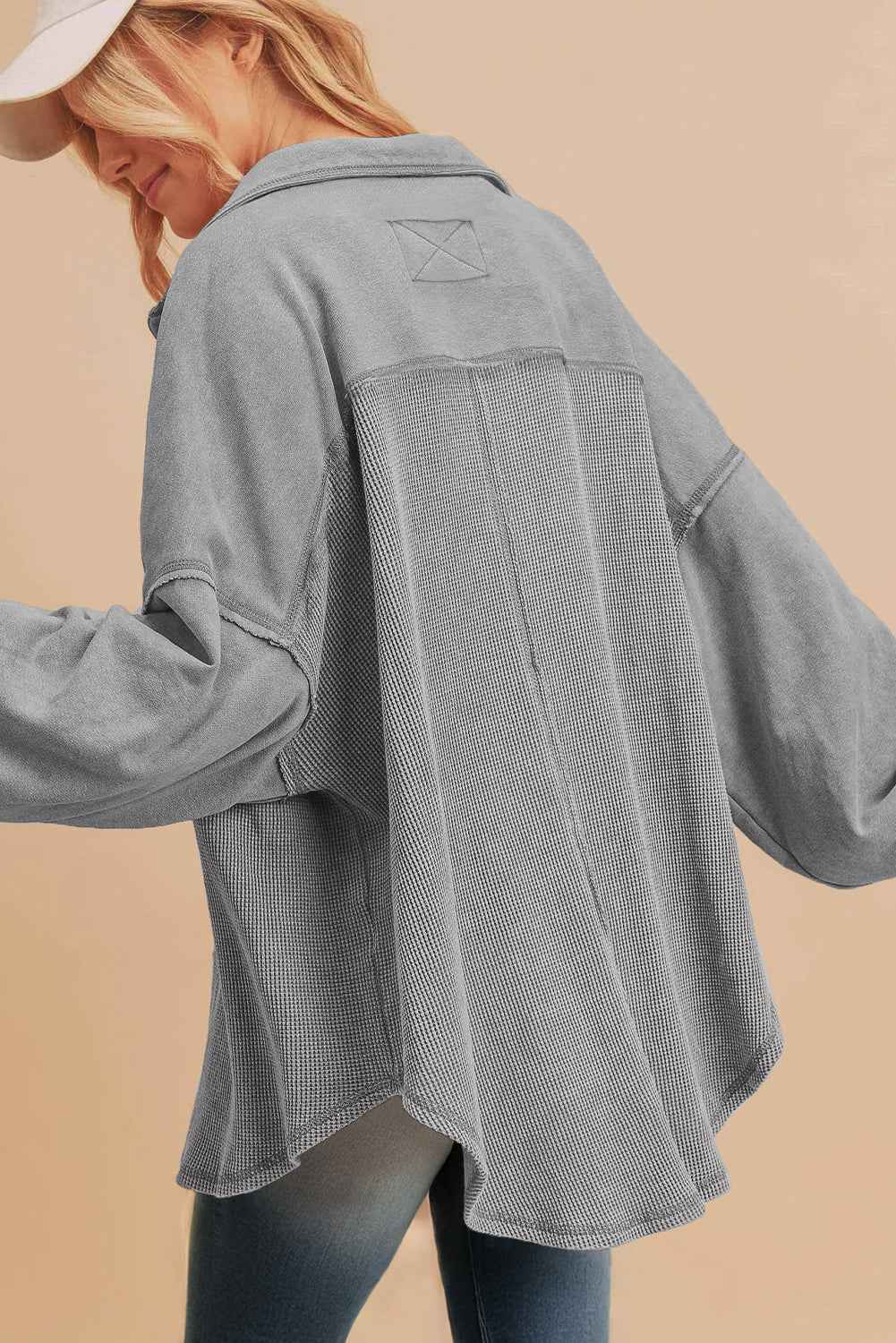 Medium Grey Waffle Knit Patchwork Exposed Seam Loose Shacket 66c26ea5f03894cb