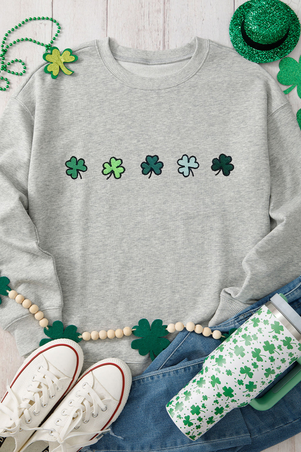 Gray Tiny Clover Embroidered Drop Shoulder Casual Sweatshirt 66c4d0aea1aa49bf