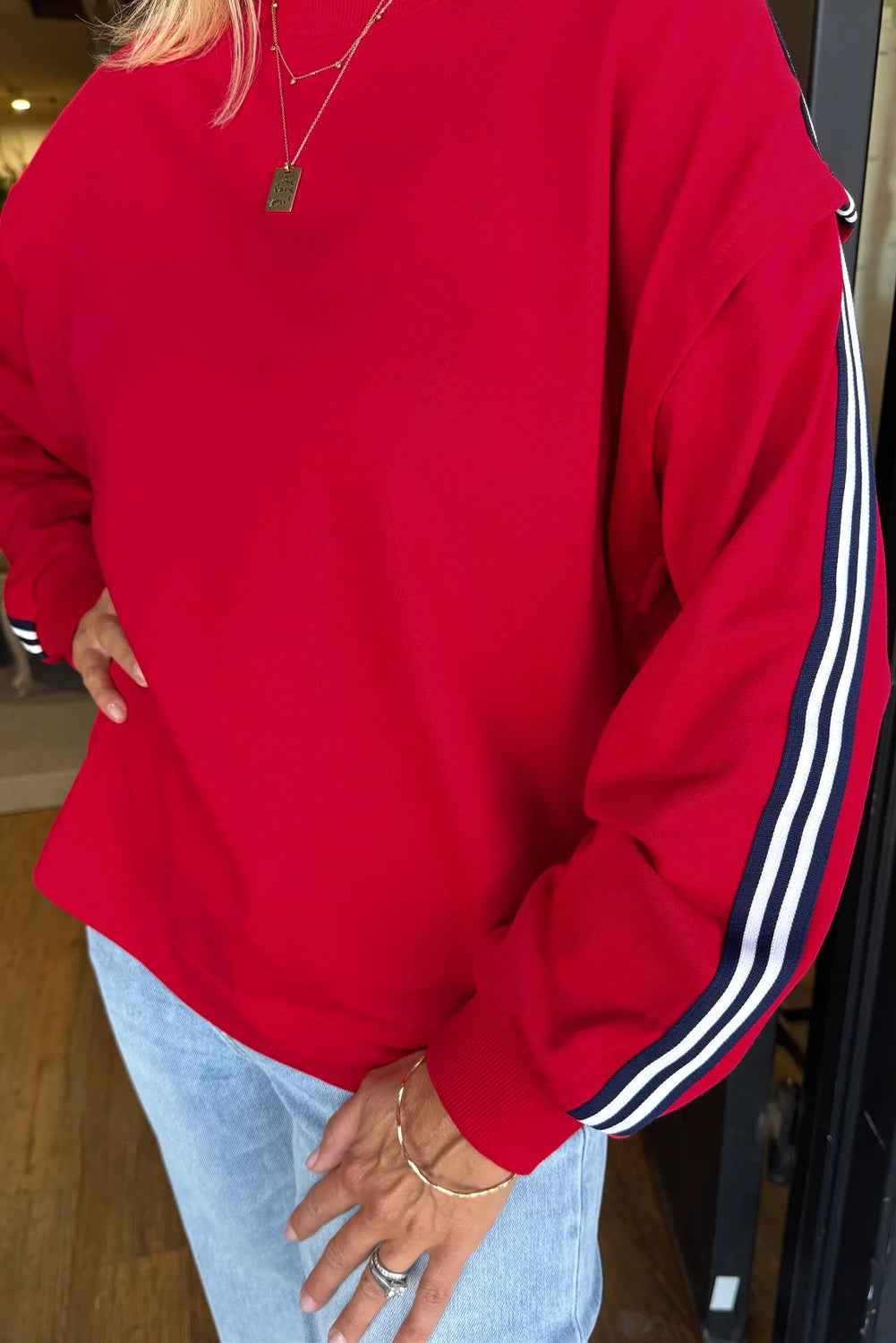 Fiery Red Side Striped Round Neck Sweatshirt 66c80e7500b2c29f