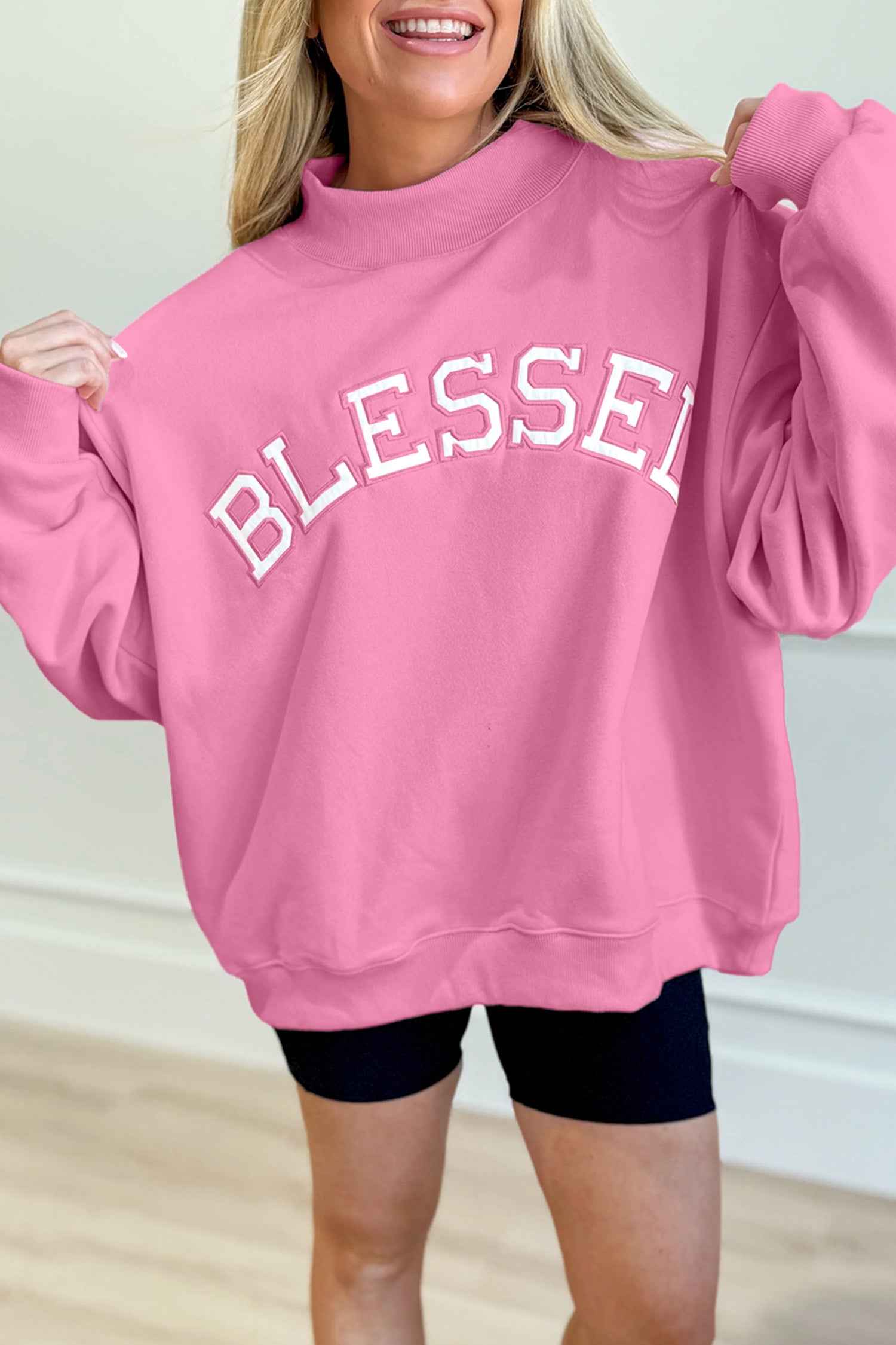 Sea Green Oversize Blessed Embroidered Mock Neck Sweatshirt Bright Pink 50%Polyester+50%Cotton 66cf783cf8a43c7f