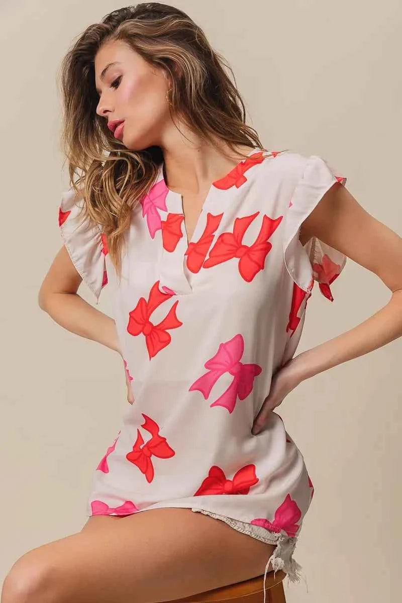 Bow Printed Woven Ruffled Sleeves V Neck Top 66d23d4363484798a4c3017fbfec1041-Max-Origin
